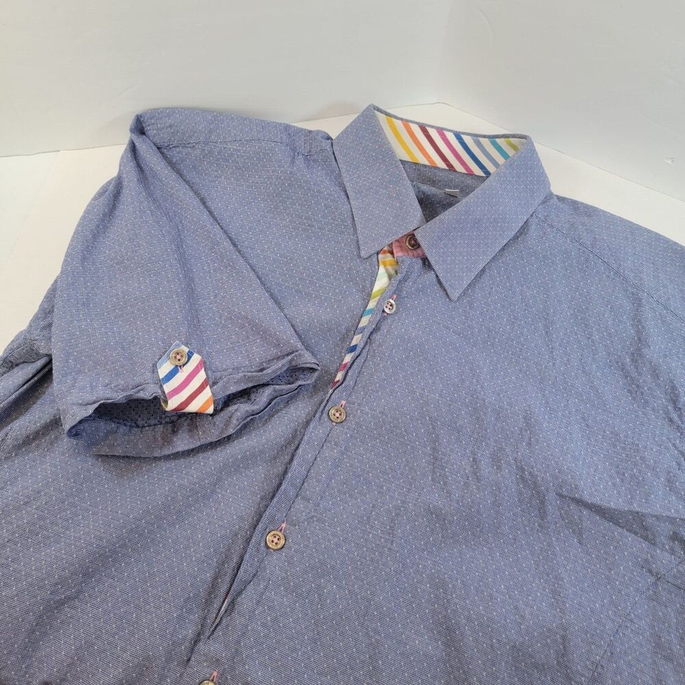 Jared Lang Short Sleeve Large Blue with Rainbow Contrast Button Up 100% Cotton